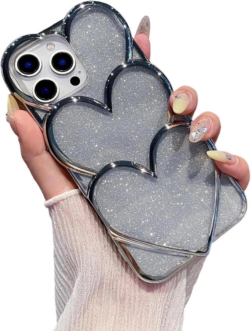 Caseative for iPhone 16 Pro Max Case,Plating Love Heart Glitter Bling Phone Case (Silver,16 Pro Max)