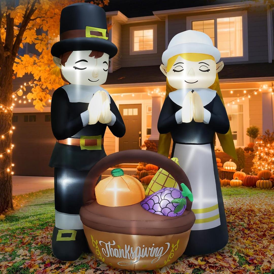 6FT Thanksgiving Inflatables Fall Outdoor Decorations, Lighted Pilgrim Boy and Girl Blow Up with Basket & 11 Built-in LEDs & Blower, Harvest Yard Lawn Garden Decor for Autumn Holiday Party