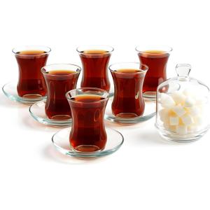 Traditional Turkish Tea Glasses Set Includes; 6 Glasses tea cups (4 oz), 6 Saucers and Sugar Bowl with Glass Cover (8.6 oz), Arabic Persian Tea Cups (13 Pieces)
