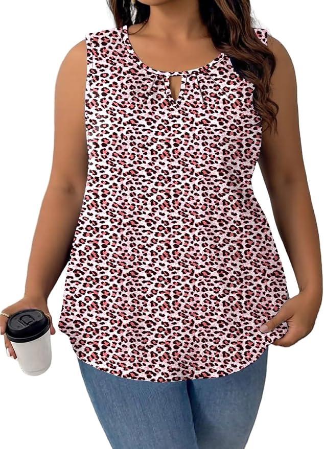 DOLNINE Plus Size Tank Tops for Women Summer Dressy Casual Sleeveless Blouses Loose Fit Keyhole Pleated Crewneck Work Shirts, XL