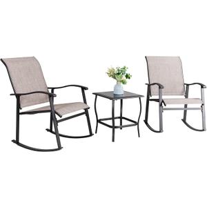Vongrasig 3 Piece Outdoor Rocking Bistro Set, Textilene Fabric Small Patio Furniture Set, Front Porch Rocker Chairs Conversation Set with Glass Table for Lawn, Garden, Balcony, Poolside (Taupe)