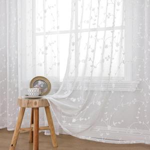YoungsTex Sheer Curtains 63 Inches Length for Short Embroidered Rod Pocket Faux Linen White Semi Sheer Window Drapes Light Filtering Lightweight for Bedroom, Small Flower, 2 Panels, 42 X 63 Inch