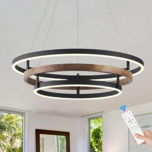 Modern LED Chandelier Black Dimmable 3 Ring Pendant Light for Dining Room, Kitchen Chandelier Circular with Remote Control Flush Mount High Ceiling Light for Living Room, 3000K-6500K (Wood Grain Black)