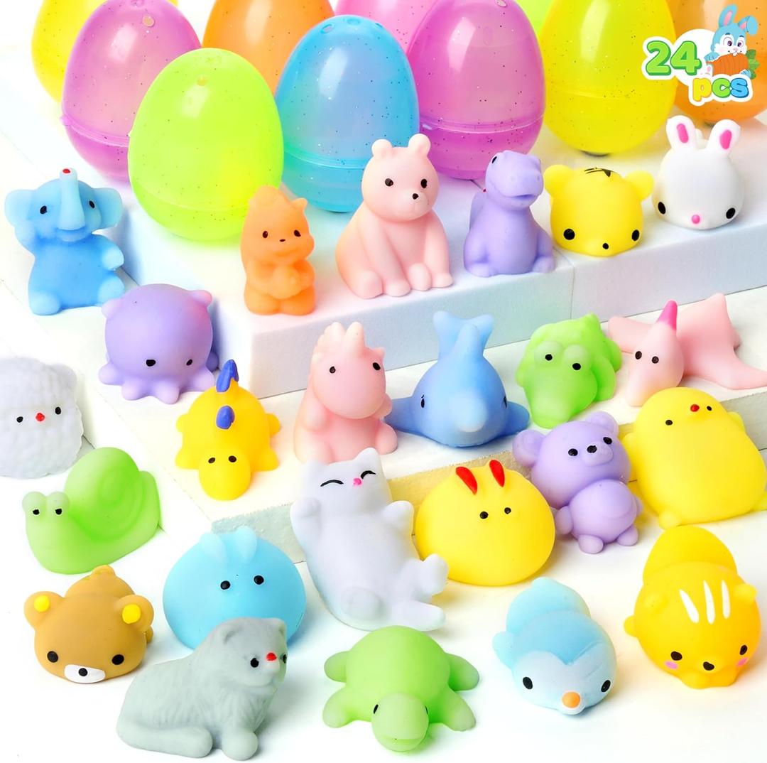 JOYIN 24 huevos de Pascua precargados con juguetes esponjosos Mochi, juguete blando para aliviar el estrs de animales, para rellenar huevos de Pascua transparentes con purpurina, recuerdo de fiesta