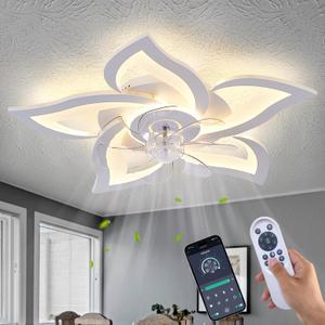 White Flower Modern Ceiling Fan with Lights, Low Profile with Remote for Bedroom, Flush Mount with LED Dimmable Light, 3-Colors, 6-Speeds, Timing Fan Light