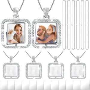 Junkin 24 Pcs Diamond Square Sublimation Rhinestone Trays Pendant Set Including 6 Double Sided Blank Rhinestone Bezel Trays 6 Pcs Thick Chains with 12 Sublimation Discs for Making (Silver)