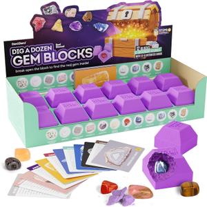 Dan&Darci Dig a Dozen Gem Blocks Mining Kit for Kids - Discover 12 Unique Real Gemstones, Mineral, Rock, Crystals Collection - Archaeology Science Gift Toys Set for Boys & Girls Age 8-12 Gifts