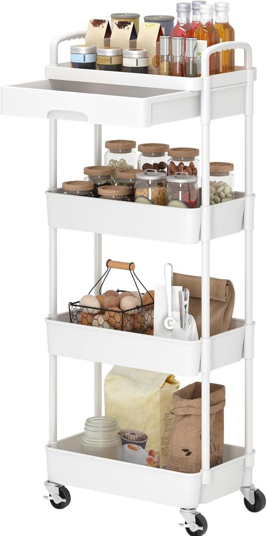 Dttwacoyh 4-Tier Rolling CartTrolley with Drawer, Kitchen Storage Organizer with Plastic Shelf & Metal Wheels, Storage Cart for Living Room, Kitchen, Office, Bathroom, White