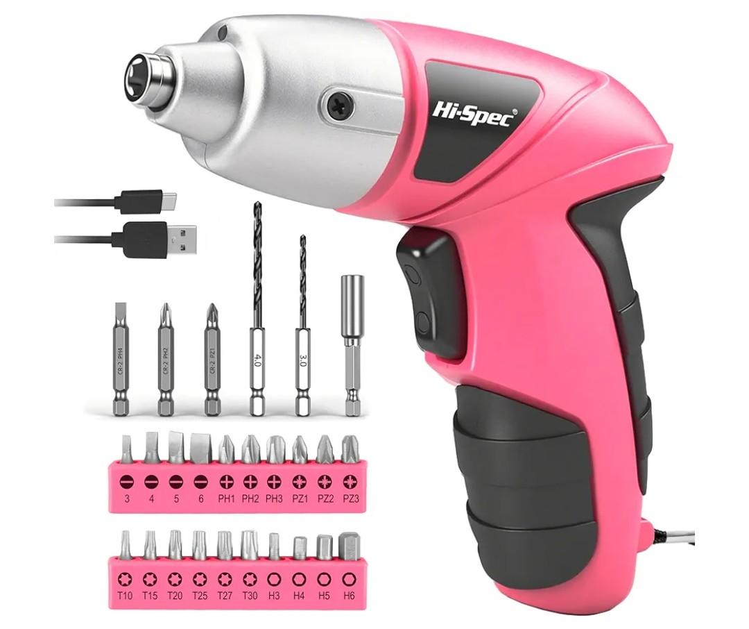 Hi-Spec Electric Screwdriver 27pc 3.6V Pink USB Small Power Screwdriver Set. Cordless & Rechargeable with Driver Bit Set