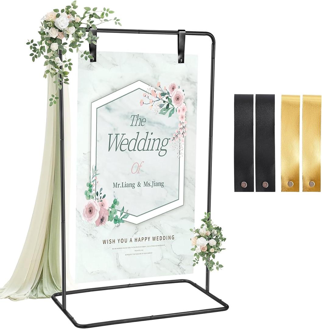 ParseBio Wedding Sign Holder, 68x31x 20 Adjustable Black Welcome Sign Stand with Leather Sign Hanging Straps, Sign Rack,Heavy Duty Easel for Valentines Day, Wedding Seating Chart Stand