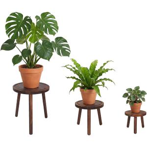 3-Pack Wood Plant Stands Indoor, Single Plant Stand for 6-12 Inch Pots, Mid-Century Modern Plant Stool, Tall Plant Stand for Large Plants for Living Room, Balcony, Office (Dark Brown)