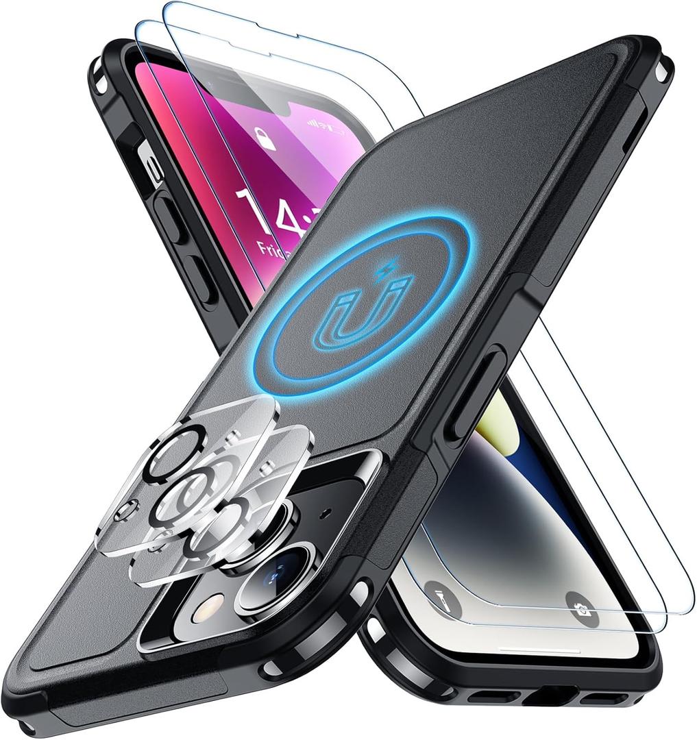 SPIDERCASE for iPhone 14 Case/iPhone 15 Case, Magnetic [15 FT Military Grade Drop Protection][Non-Slip] 2 Pack [Tempered Glass Screen Protectors+Camera Lens Protectors] Shockproof Case, Black