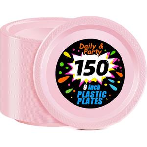 WELLIFE Pink Plastic Plates 9 Inch -150 Count for Party, Disposable Plastic Party Plates for Easter Mother's Day Baby Shower Dinner Dessert Cake Light Pink