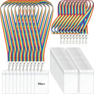 Teling 50 Sets Clear Name Tags with Detachable Lanyard, Colorful Lanyard and Thicken Vertical Tag Holders for Teachers Adults Kids School (Rainbow)