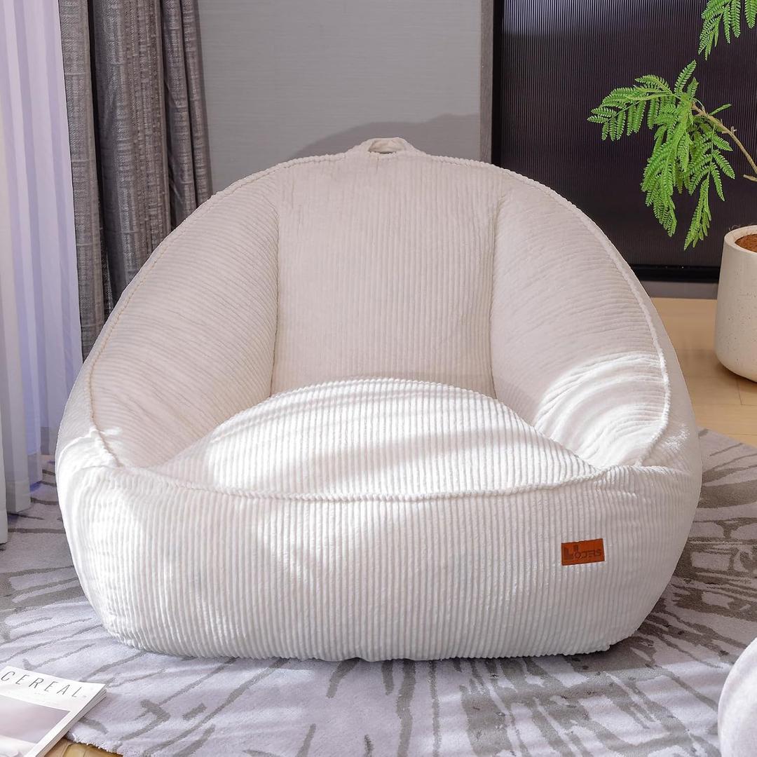 Giant Bean Bag Chair for Adults, Teens and Kids, Cozy Fluffy Corduroy Beanbag Chair with Filler, Large Floor Lounge Sofa for Living Room, Bedroom, Dorm, Gaming and Reading(L-Eggshell)