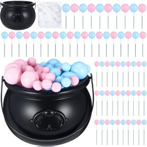 62 Pcs Halloween Gender Reveal Party Decoration a Baby Is Brewing Bubbling Cauldron Set Party Centerpiece 1 Crucible with Cotton 60 Blue Pink Balls Decor