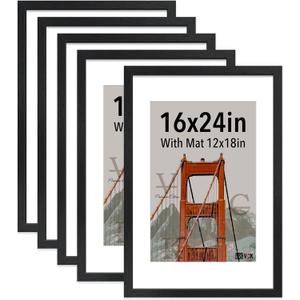 VCK 16x24 frame 5 Pack, Display Poster 12x18 with Mat or 16x24 without Mat, Textured Exclusive Solid Wood Picture Frame, Black