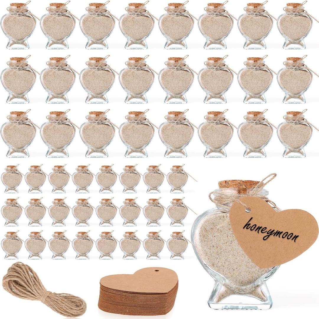 Zopeal 141 Pcs Heart Shaped Glass Jars, Honeymoon Sand Keepsake Jar with Cork Lids, Small Wish Bottles Bulk with Label Tags and String for Valentine's Day Gift Wedding Baby Shower Party Favor (Clear)
