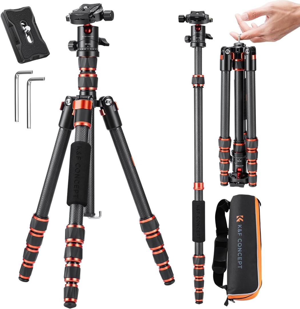K&F Concept 60 inch Carbon Fiber Camera Tripod,Super Lightweight Compact Travel Tripod with 360 Degree Ball Head,Quick Release Plate,Detachable Monopod 17 lb Load Capacity for SLR DSLR C225C0 (BA225)