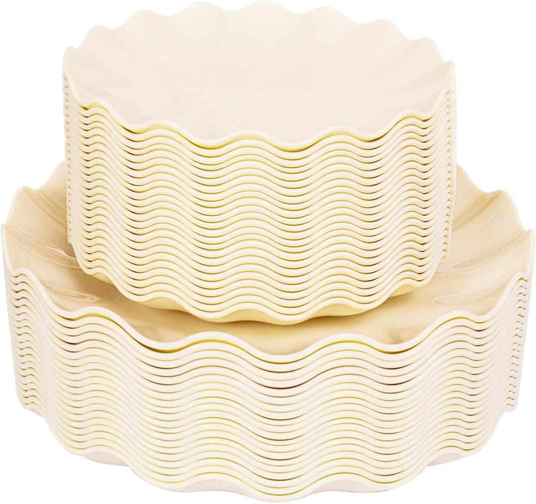 LIYH 50 Pcs Beige Plastic Plates Reusable Unbreakable Dinner Plates Scalloped Plastic Plate Dishwasher Safe Ivory Plate Sets Perfect for Parties Birthday Picnics BPA Free (25Guests)