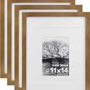 Egofine 11x14 Picture Frames 4 Pack Display Pictures 5x7/8x10 with Mat or 11x14 Without Mat Made of Solid Wood Covered by Plexiglass for Table Top Display and Wall Mounting Photo Frame, Light Brown