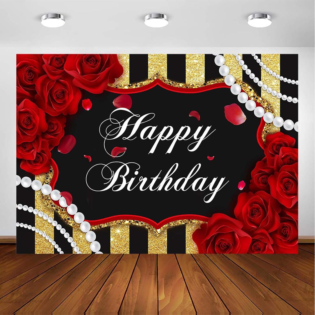 Avezano Red Rose Birthday Backdrop for Girls Woman Party Decorations Red Roses Floral Pearl Black and Gold Stripes Happy Birthday Party Banner Photoshoot Photography Background Party Supplies (8x6ft)