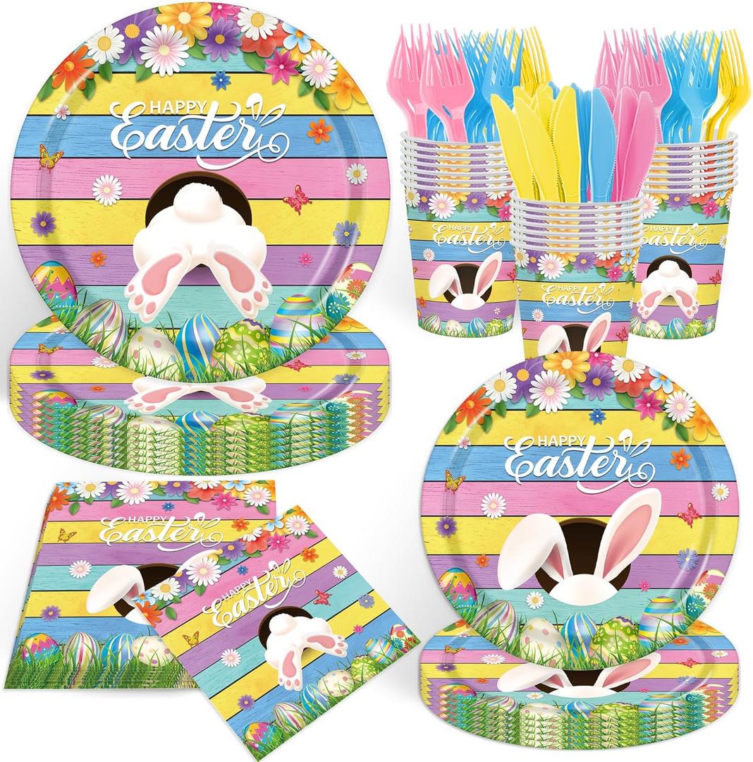 Happy Easter Plates and Napkins Serves 24 , Spring Easter Party Supplies Colorful Bunny Paper Plates and Napkins for Spring Birthday Easter Holiday Baby Shower Party Decorations