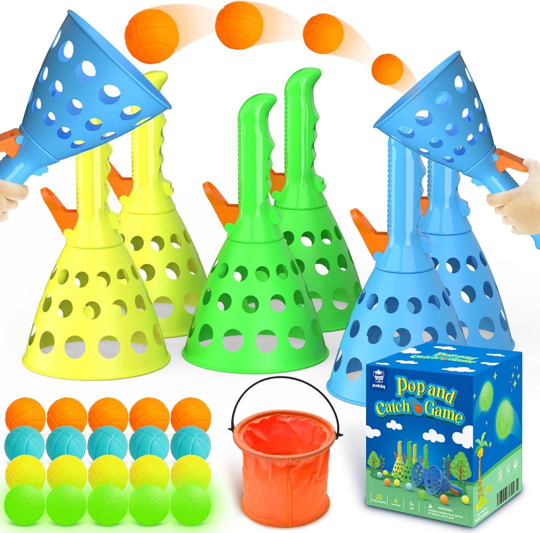 Pop and Catch Ball Game with 15 Ping Pong Balls, 5 Glow Balls and 6 Catch Launcher Baskets - Outdoor Indoor Game, Christmas Easter Party Favors Gifts Toys for Kids and Adults
