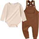 CARETOO Newborn Baby Boy Clothes Infant Boy Romper Fall Winter Outfits Bodysuit 2Pcs Striped Long Sleeve Top Overalls (6-12 Months, Brown)
