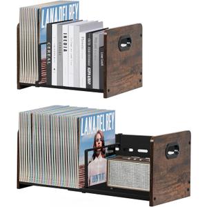 LOFTEY Vinyl Record Storage Holder, Expandable Vinyl Record Organizer with Movable Divider, 60-120 LP Album Storage, Magazine Rack, Rustic Brown