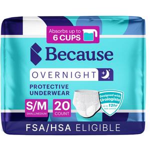 Because Overnight Absorbency Pull Ups - Adult Disposable Incontinence Underwear, Extra Absorbent Nighttime Briefs for Men and Women, White, Small/Medium, 20 Count, 3 pack