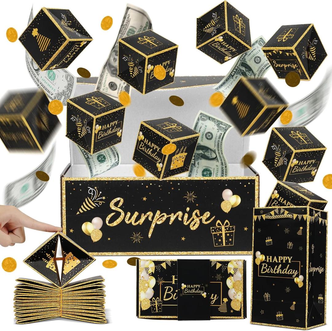 Birthday Surprise Gift Box Explosion for Money, Exploding Money Gift Box for Cash Pop up Birthday Money Explosion Box Surprise Party Gift 12 Folding Bounce Boxes for Men Women Kids, Black Gold