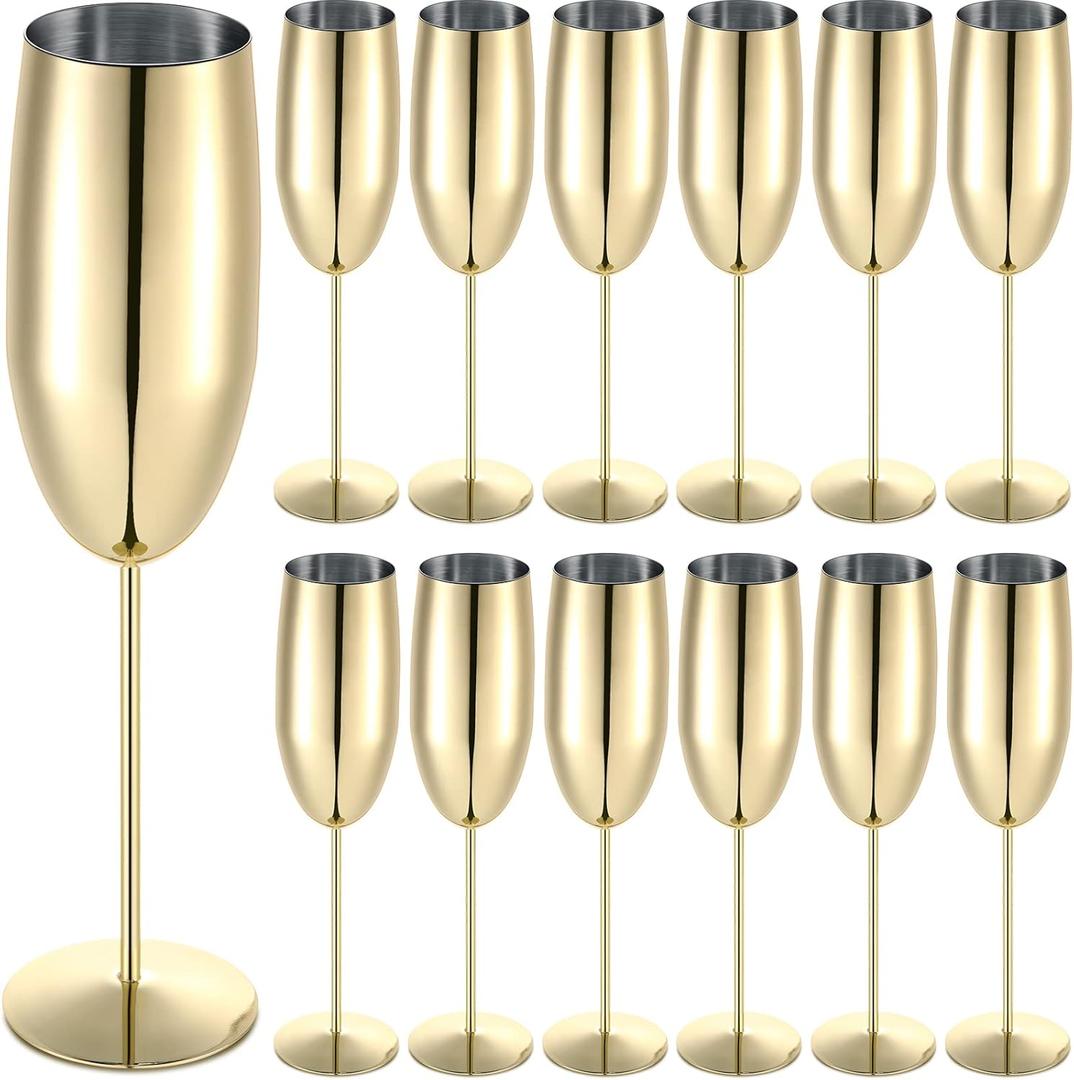 Yinder Champagne Flutes Bulk 8.5 oz Glasses Stainless Steel Stemmed Flutes with Box Unbreakable Toasting Glasses for Wedding Anniversary Parties Gifts Pool(Gold,12 Pack)