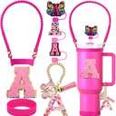 Accessories Set for Stanley Cup, 0.4 IN Letter Straw Cover, Silicone Bottle Handle, Boot for Stanley 30&40 Oz, Initial Charm & Sticker (Letter A, Rose)