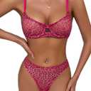 Lilosy Sexy Mesh Sheer Underwire Push Up Lingerie Set Lingerie Set (Large, Hot Pink Leopard)