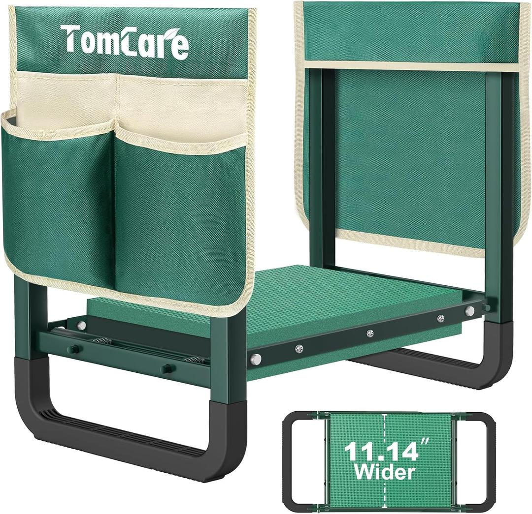 TomCare Garden Kneeler and Seat 11.14” Wider Larger Soft Kneeling Pad Garden Bench with 2 Large Tools Pouches Heavy Duty Foldable Garden Stool Gardening Gifts for Women Men Gardeners Seniors, Green