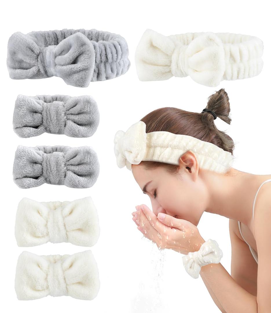 6PC Spa Headband and Wristband Set for Face Washing & Skincare - Soft Microfiber Makeup Headband with Wrist Bands for Women & Girls, Pink + White, Skincare Essentials(Grey+Beige)