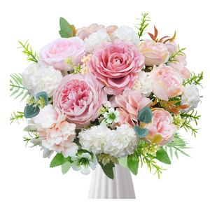 7pcs Fake Flowers for Decoration Small Silk Flowers for Home Decor Indoor Real Touch Artificial Flower Rose Peony for Farmhouse Boho Wedding Baby Shower Table Funeral Cemetery Decoration Pink