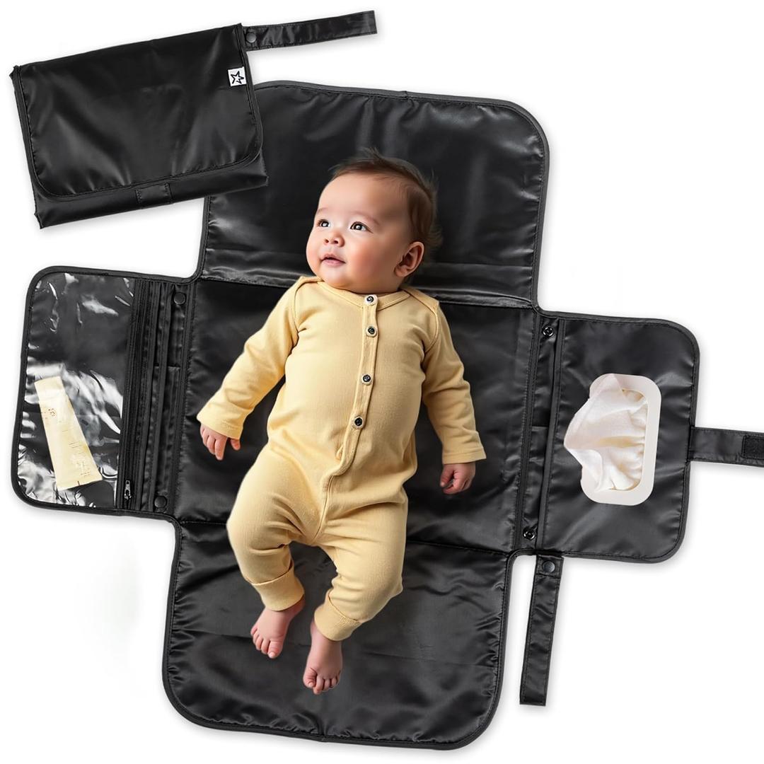 Tiny Twinkle Portable Diaper Changing Pad | Waterproof, Wipeable & Compact Baby Changing Pad for Travel | Smart Wipes Pocket & Organized Storage| Newborn Shower Gift (Black)