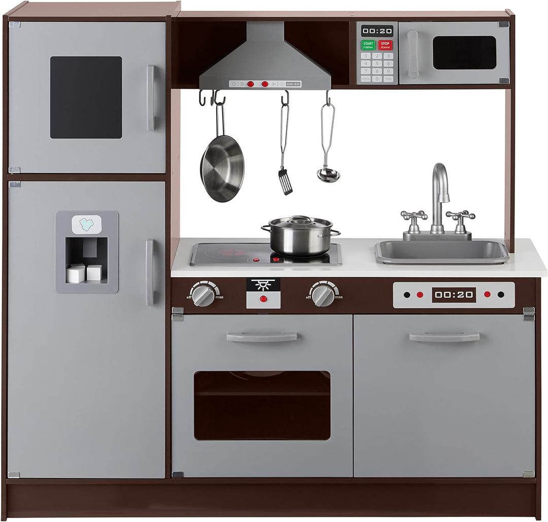 Kids Upright Wooden Kitchen Toy Playset with Stove, Oven, Sink, Fridge and Accessories, for Toddlers, Preschoolers, Children Age 3+ Years, Espresso/Gray, 39x11.8x39''