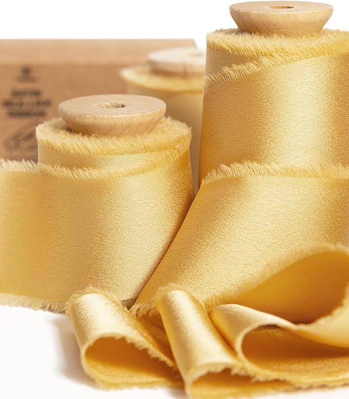 Vitalizart Gold Ribbon Silk Satin 1-1/ 2 inch x 15 Yard Metallic Handmade Frayed Ribbons for Gift Wrapping Baby Shower Wedding Bridal Bouquets Holiday Decor