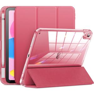 INFILAND Compatible with iPad A16 Case 11th Generation 11 Inch 2025, iPad 10th Generation Case 10.9 Inch 2022, Clear Slim Protective Cover with Pencil Holder & Charging Adapter Slot, Rose Pink