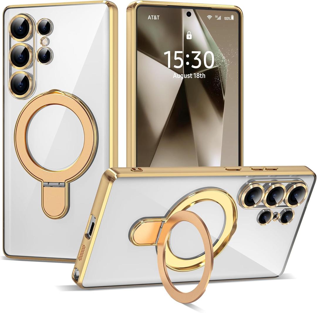 Compatible with Samsung Galaxy S24 Ultra Case with Magnetic Ring Stand [Compatible with Mag-Safe] [Full Camera Lens Protector] Plating Clear Phone Case for S24 Ultra 6.8", Gold