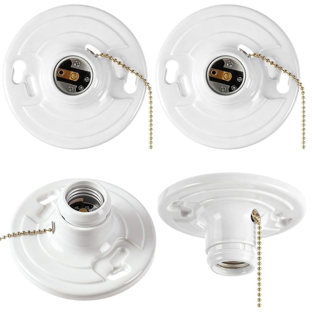 4 Pcs Keyless E26 Lamp Holder with Pull Chain - Medium Base 660w Ceiling Mount Socket White Light Fixture for LED & Incandescent Bulbs (Plastic)