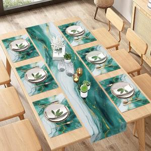 Emerald Green Gold Marble Table Runner and Placemats Set of 6, Agate Teal Stone Abstract Dining Decor for Daily Use(1 Table Runner 72 inches Long and 6 Placemats)