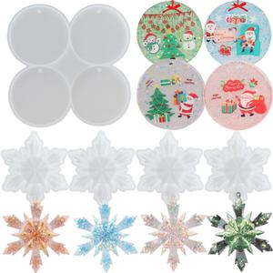 Christmas Resin Molds Silicone, 4 Pcs 3D Snowflake Molds, 4-Cavity Round Christmas Ornaments Mold Silicone Coaster Mold with Hole for Epoxy Resin, Christmas Tree Decorations