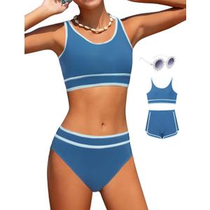 Girls Swimsuits 3 Piece Bathing Suit Bikini Set with Sporty Shorts and Sunglasses Beach Swimwear for Girl, 12-13 Years (Dark Blue)