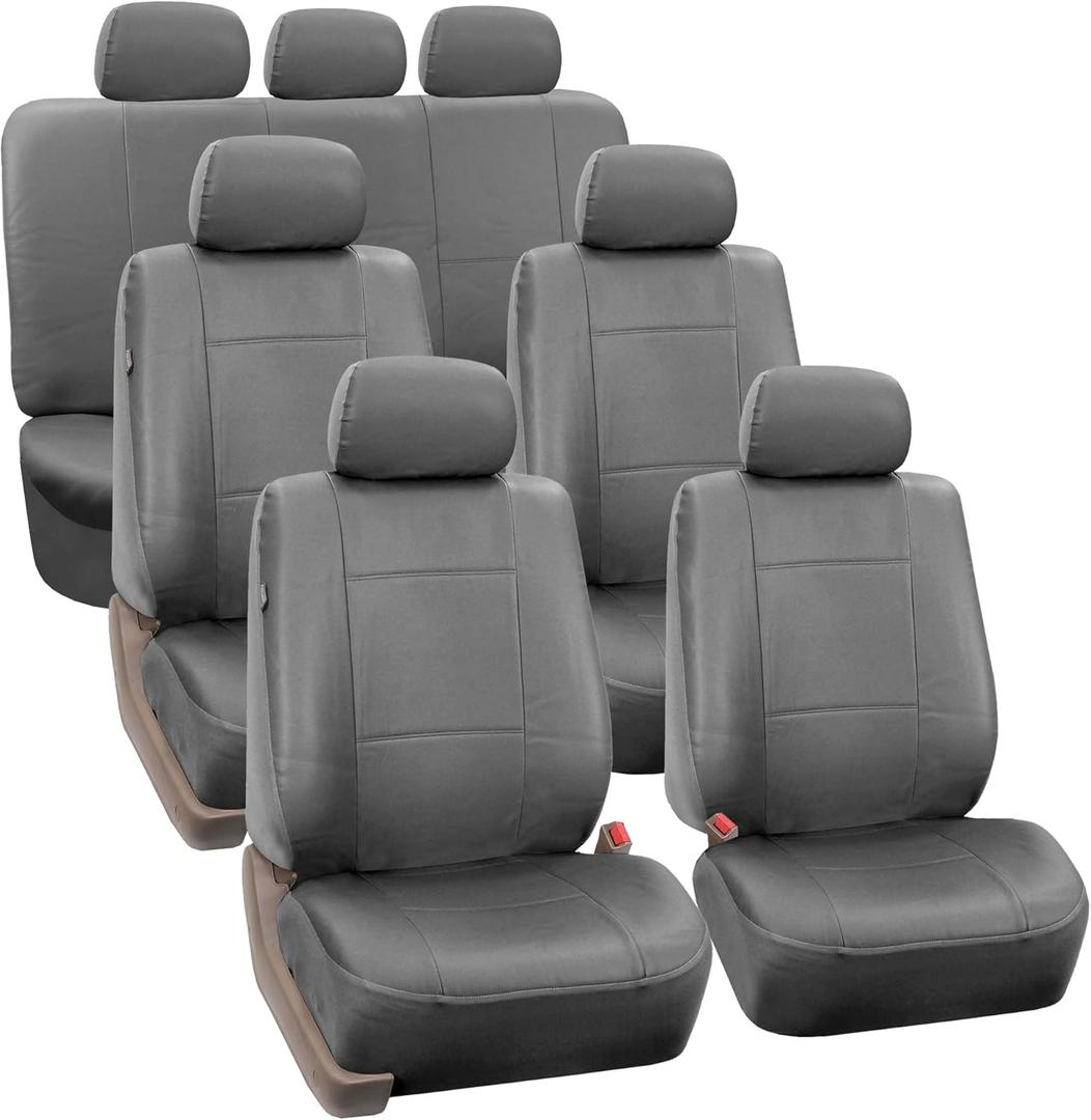 FH Group Car Seat Covers PU Leather 3 Row Car Seat Covers 7 Seater, Airbag Compatible and Split Bench - Fit Most Car, Truck, SUV, & Van (Solid Gray)
