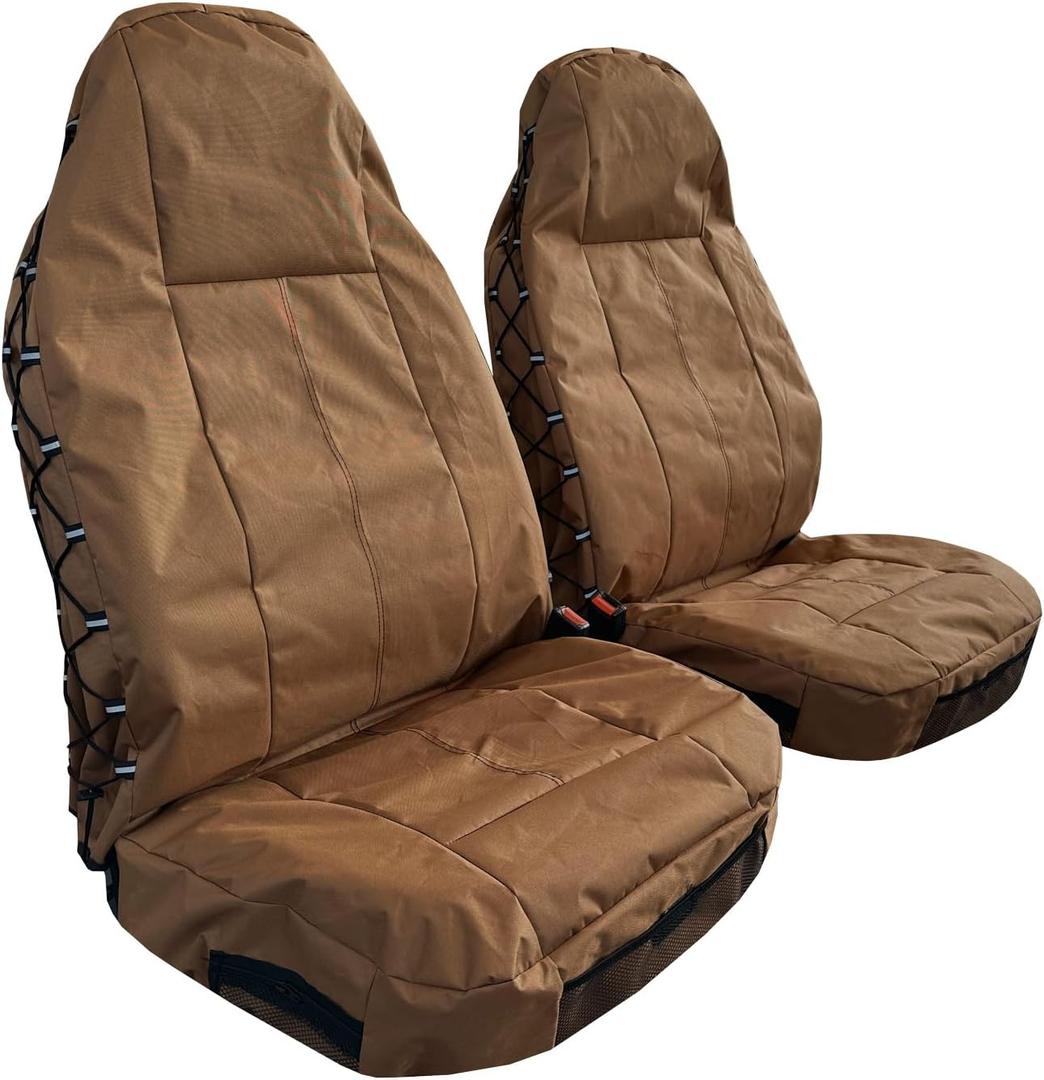 Tan Seat Covers for Cars Trucks SUV, Universal Canvas Tactical Multi-Pockets Organizers Rain Defender, Waterproof Seat Protectors Front Set (Tan)