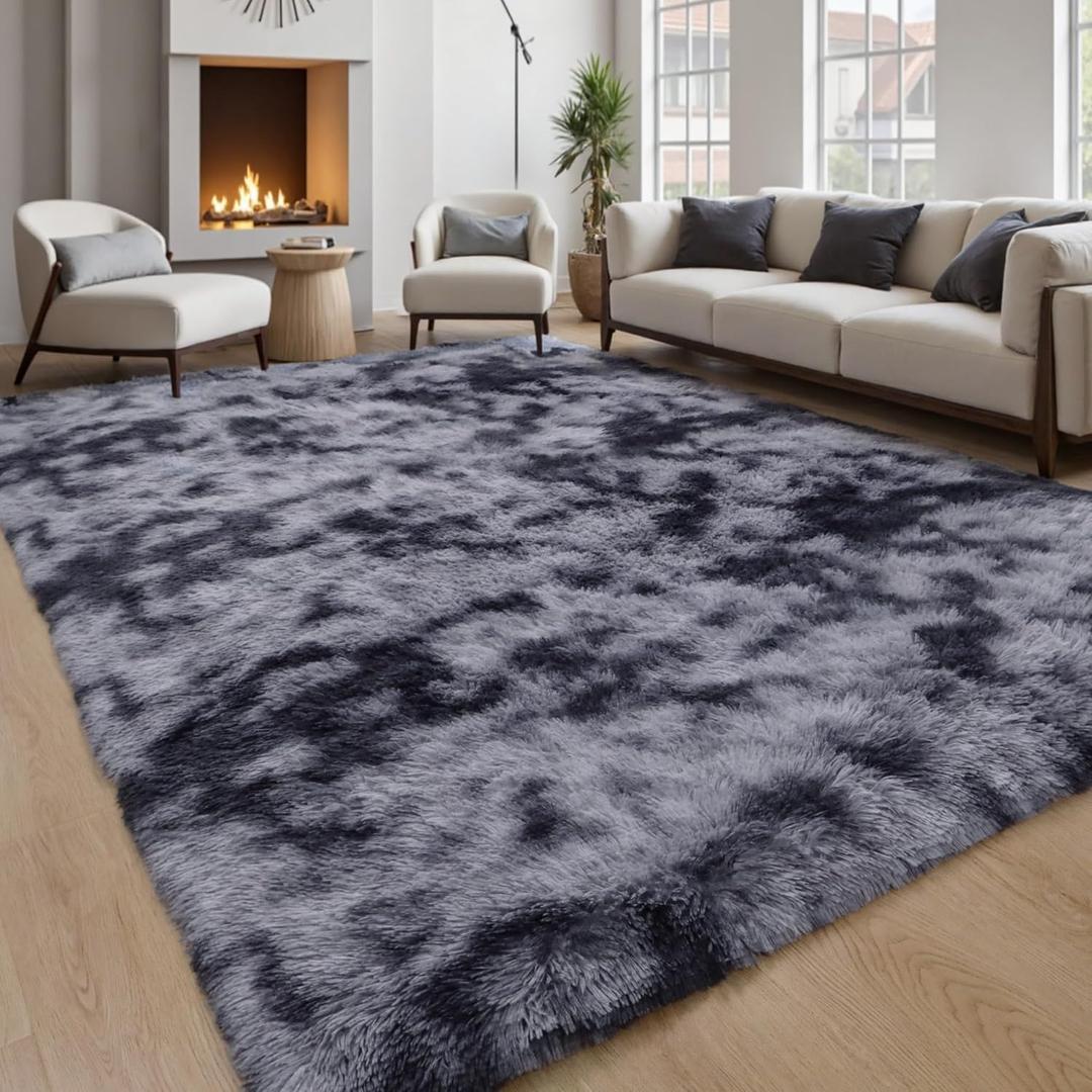 Grey Fluffy 9x12 Large Area Rugs for Bedroom Living Room,Tie-Dye Dark Gray Soft Washable Shag Carpet for Kids Room, Nursery, Dorm Decor, Colorful Cute Plush Fuzzy Rugs for Baby Toddler